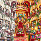 Close detail of the Royal Red Staircase Bookshop diamond painting canvas and drills