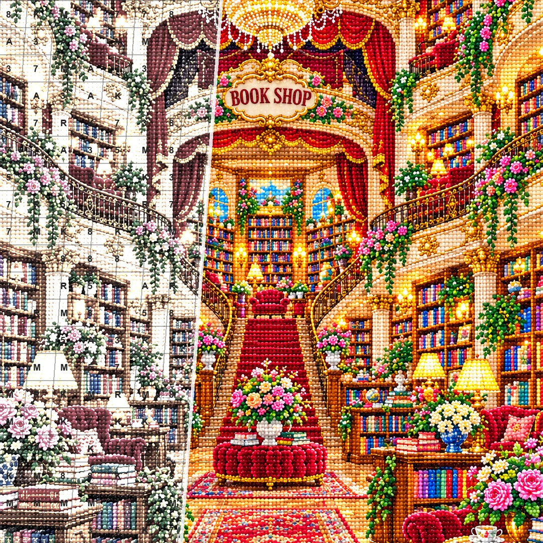 Close detail of the Royal Red Staircase Bookshop diamond painting canvas and drills