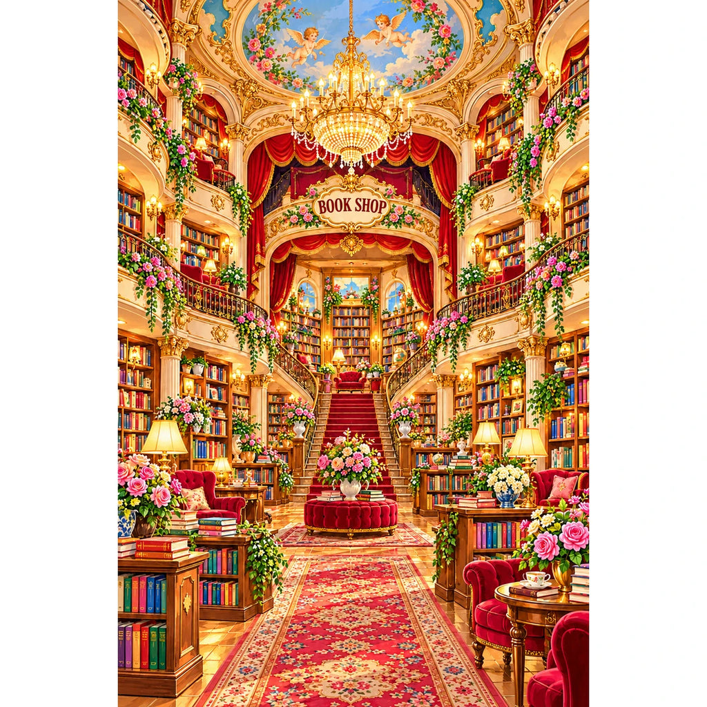 Royal Red Staircase Bookshop original artwork on white background