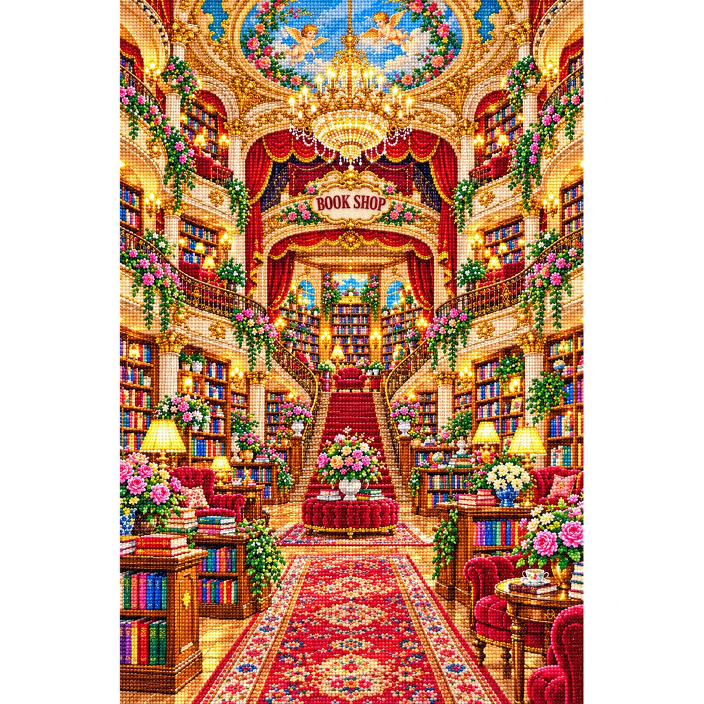 Royal Red Staircase Bookshop finished diamond painting on white background
