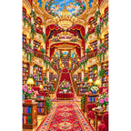 Royal Red Staircase Bookshop finished diamond painting on white background