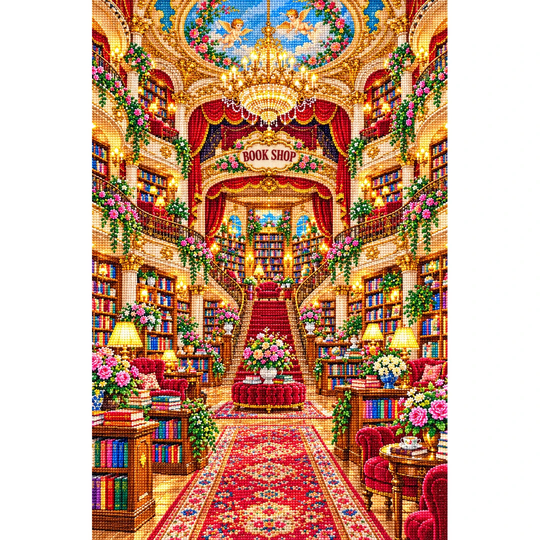 Royal Red Staircase Bookshop finished diamond painting on white background