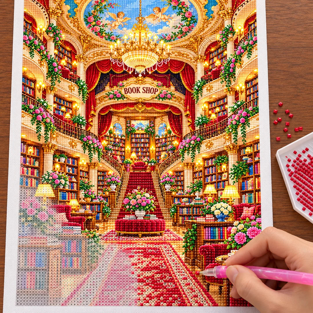 Placing resin drills on the Royal Red Staircase Bookshop diamond painting