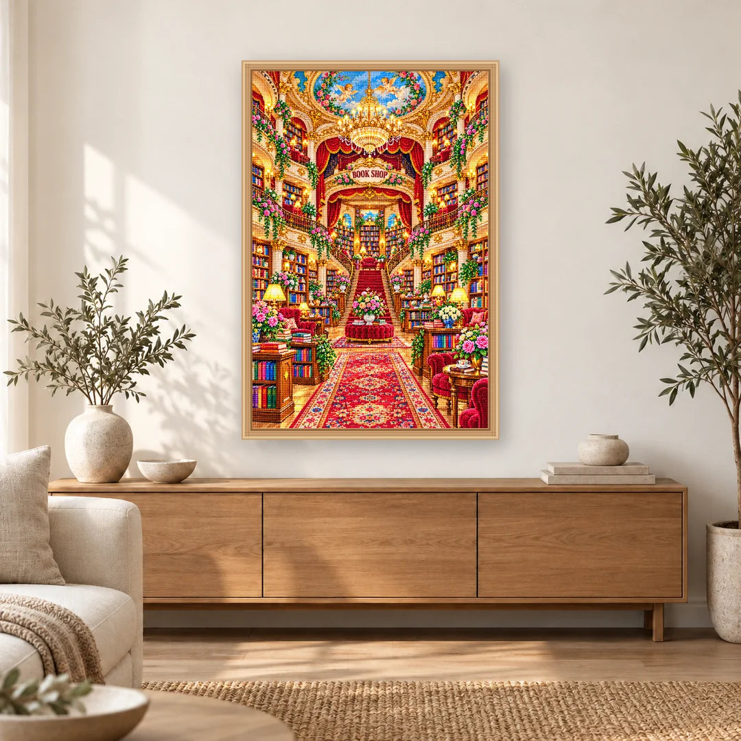 Royal Red Staircase Bookshop diamond painting displayed in a bright home interior