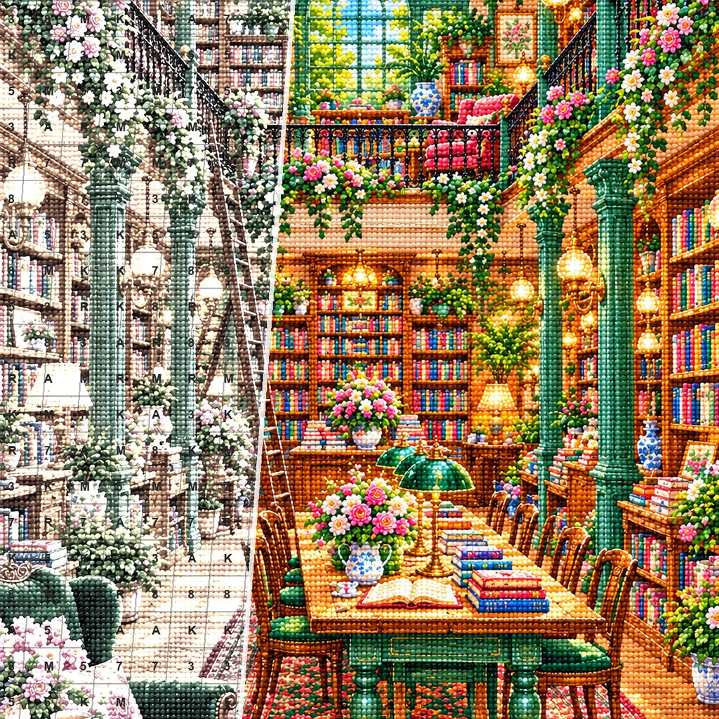 Close detail of the Sunlit Botanical Library diamond painting canvas and drills