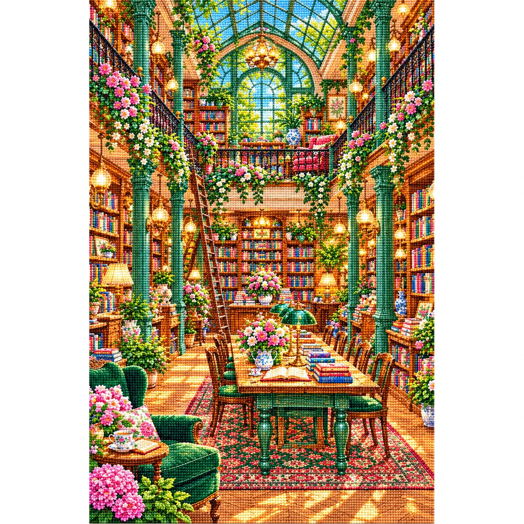 Sunlit Botanical Library finished diamond painting on white background