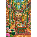 Sunlit Botanical Library finished diamond painting on white background