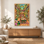 Sunlit Botanical Library diamond painting displayed in a bright home interior