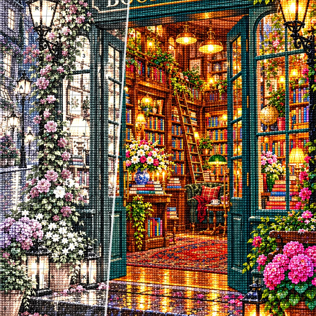 Close detail of the Midnight Rain Flower Bookshop diamond painting canvas and drills