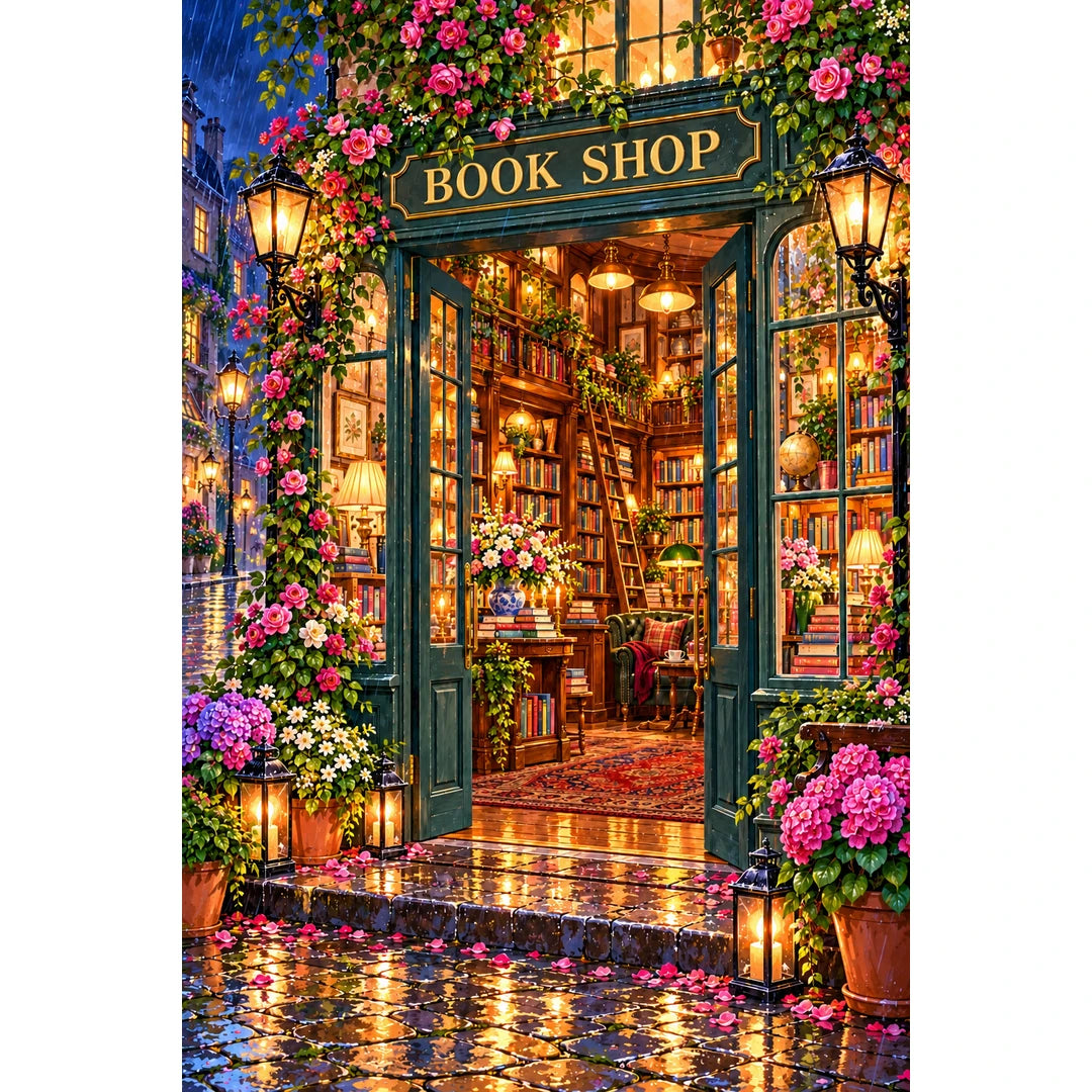 Midnight Rain Flower Bookshop original artwork on white background