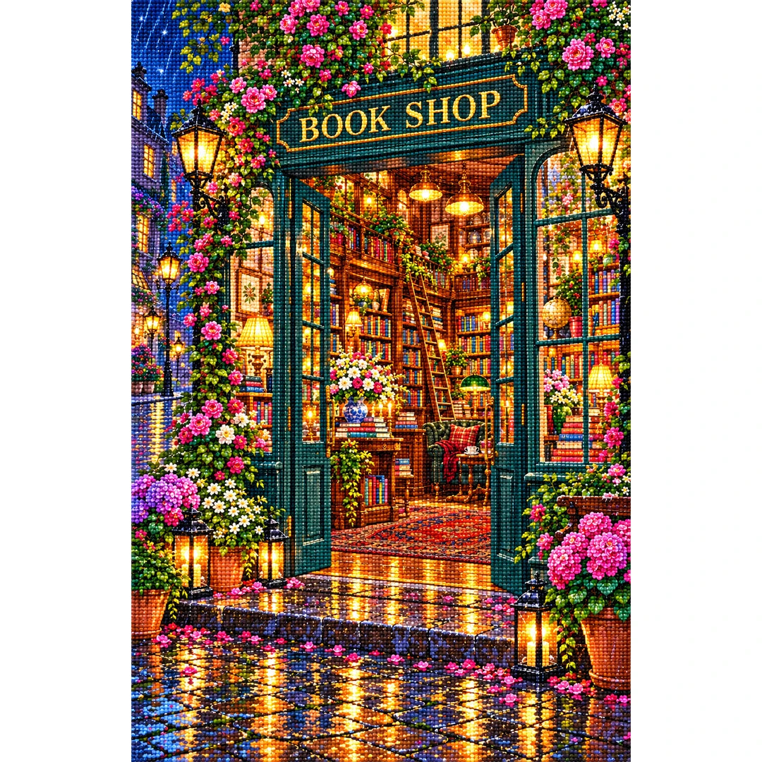 Midnight Rain Flower Bookshop finished diamond painting on white background