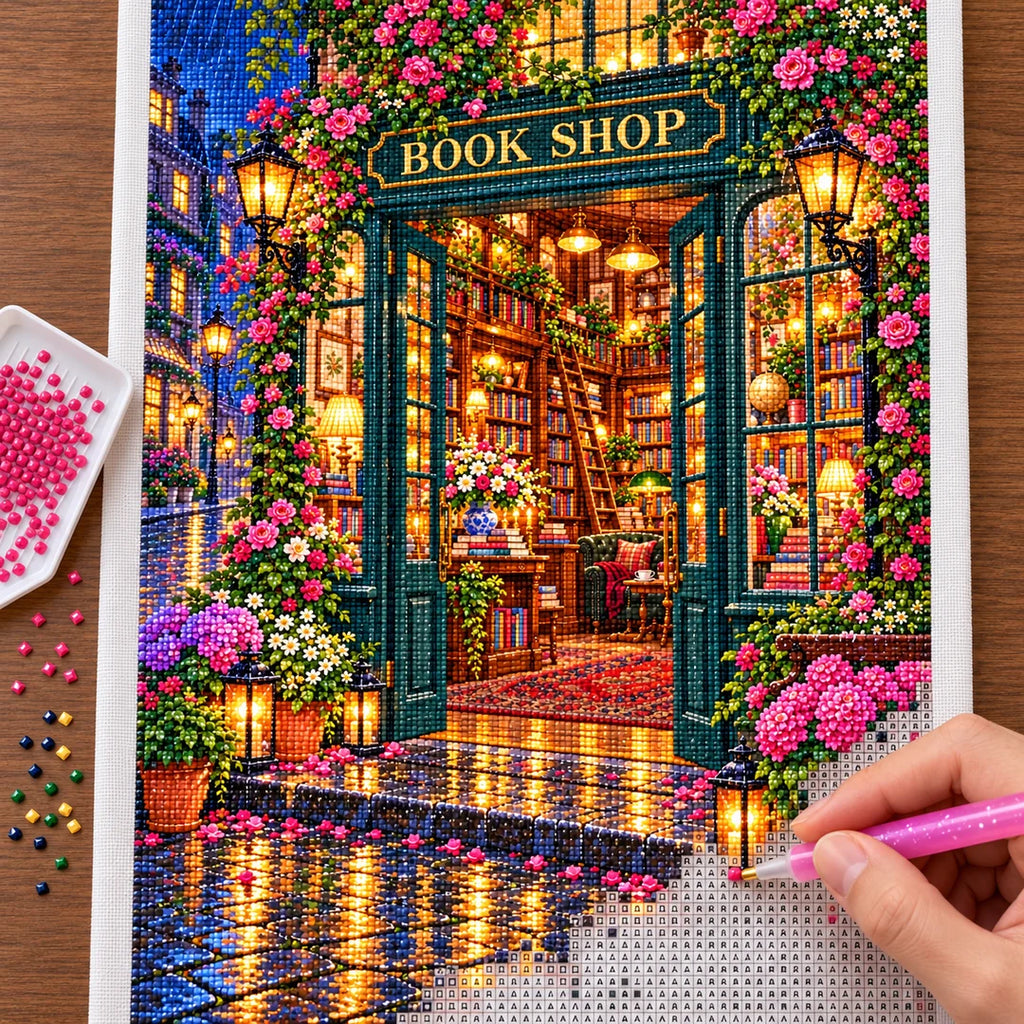 Placing resin drills on the Midnight Rain Flower Bookshop diamond painting