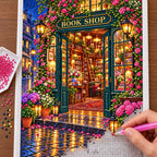 Placing resin drills on the Midnight Rain Flower Bookshop diamond painting