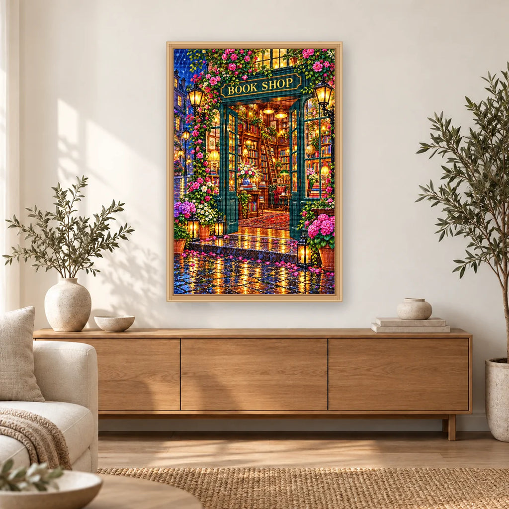 Midnight Rain Flower Bookshop diamond painting displayed in a bright home interior