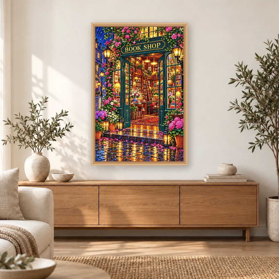 Midnight Rain Flower Bookshop diamond painting displayed in a bright home interior