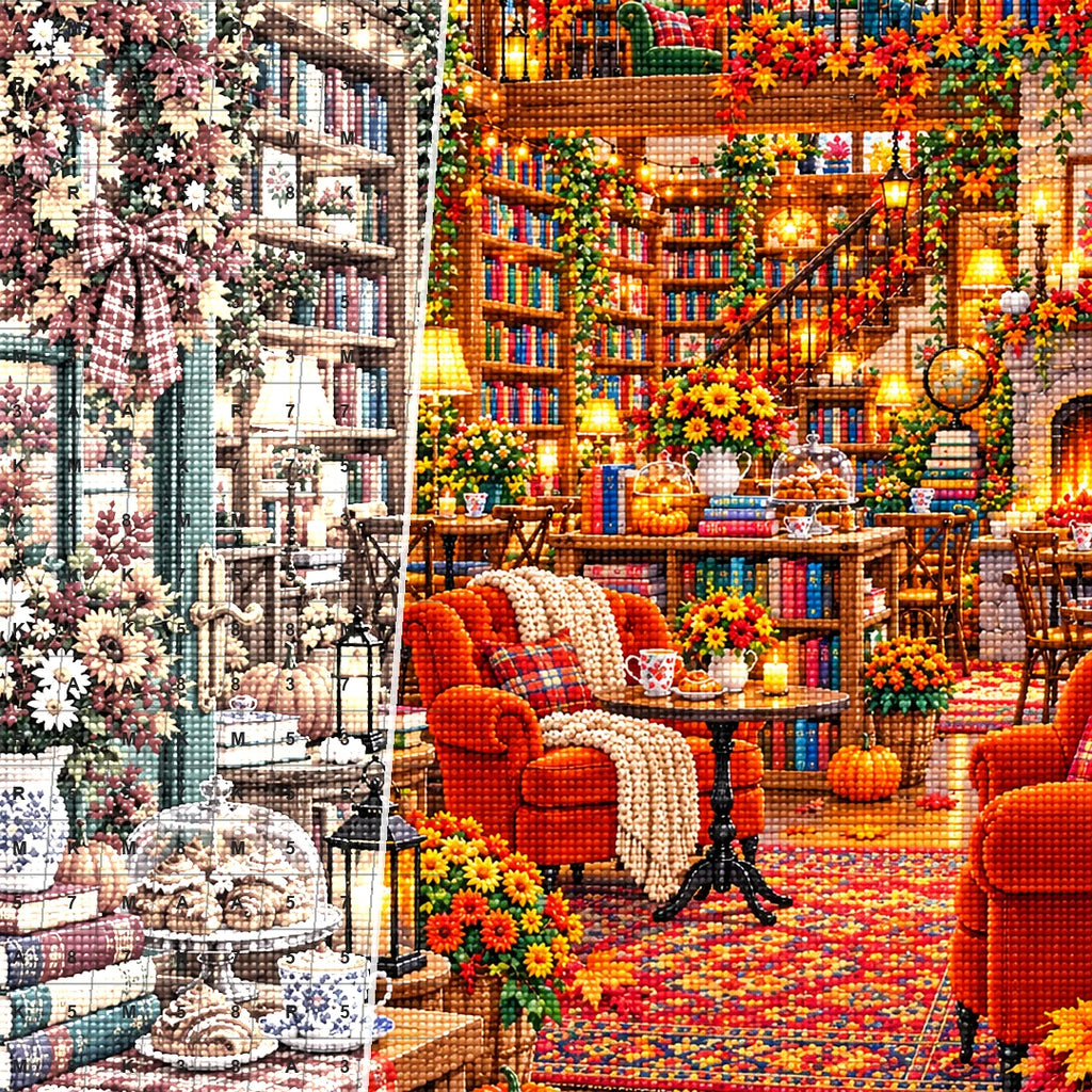 Close detail of the Autumn Fireside Library diamond painting canvas and drills