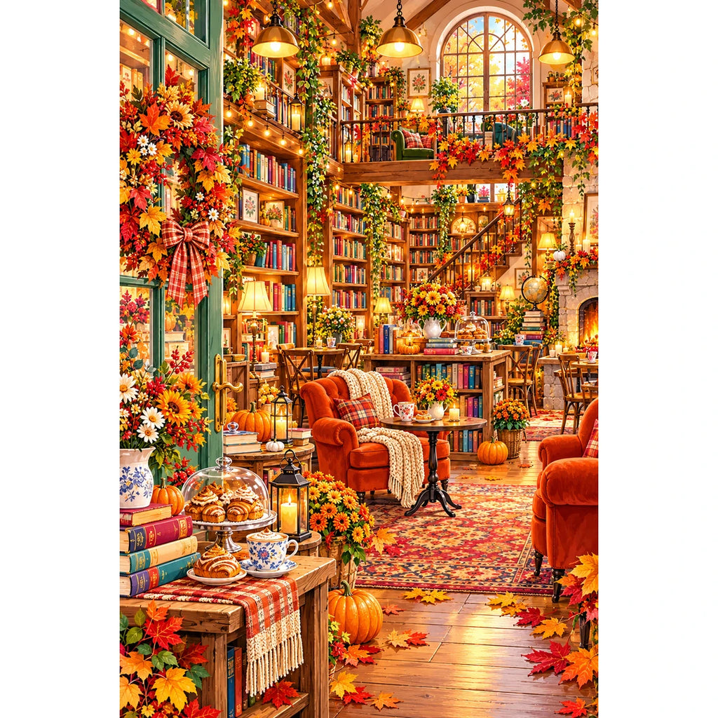 Autumn Fireside Library original artwork on white background