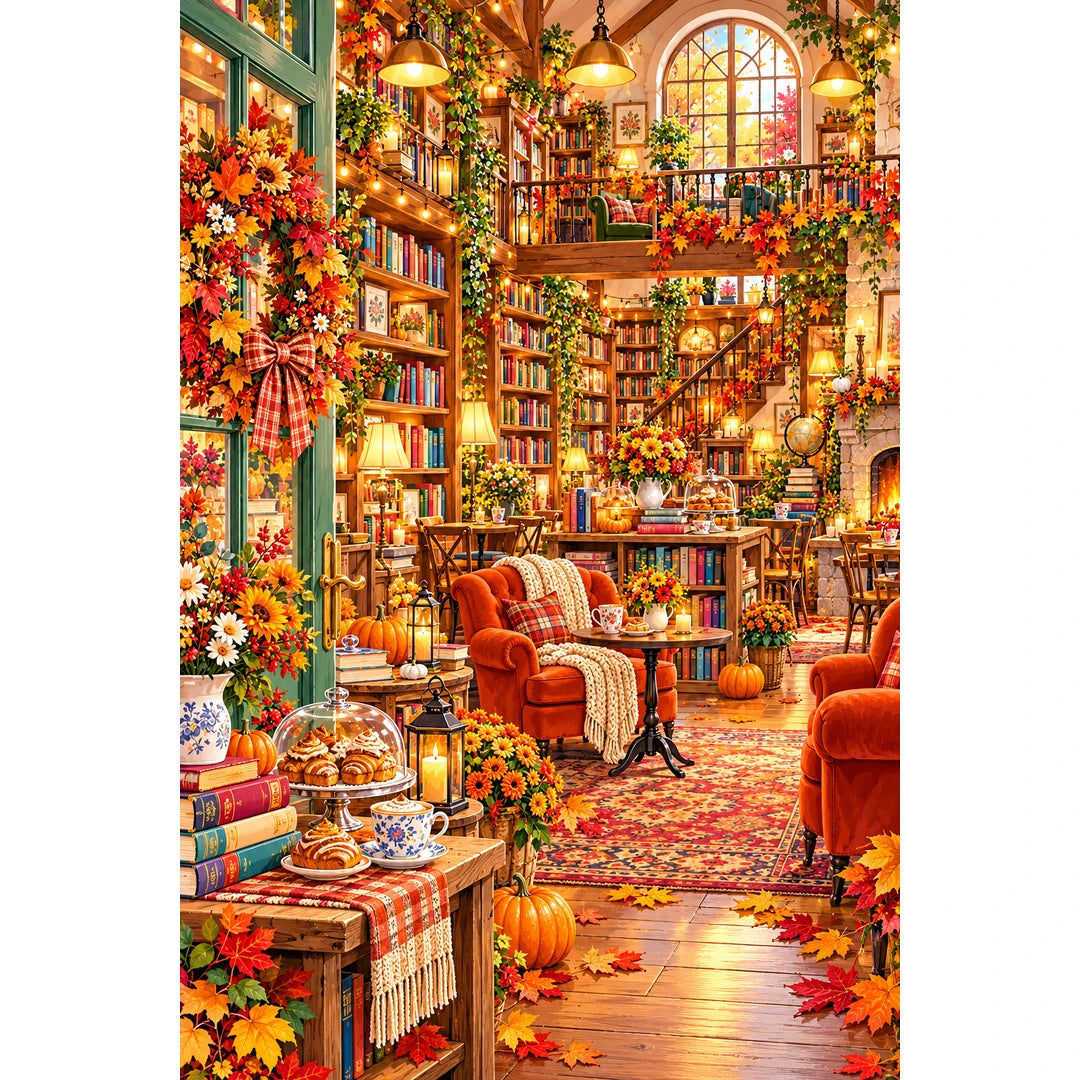 Autumn Fireside Library original artwork on white background