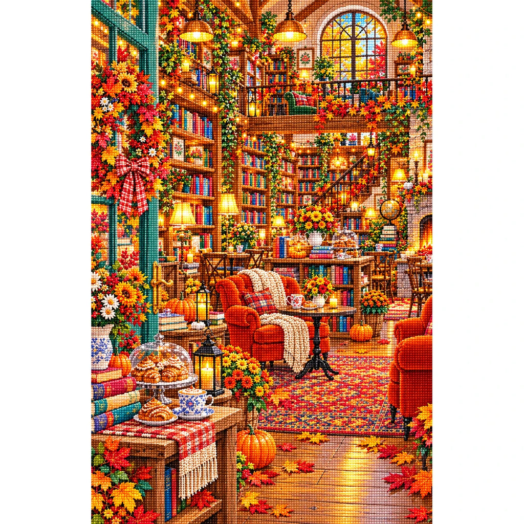 Autumn Fireside Library finished diamond painting on white background
