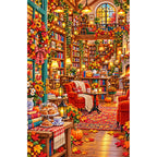 Autumn Fireside Library finished diamond painting on white background