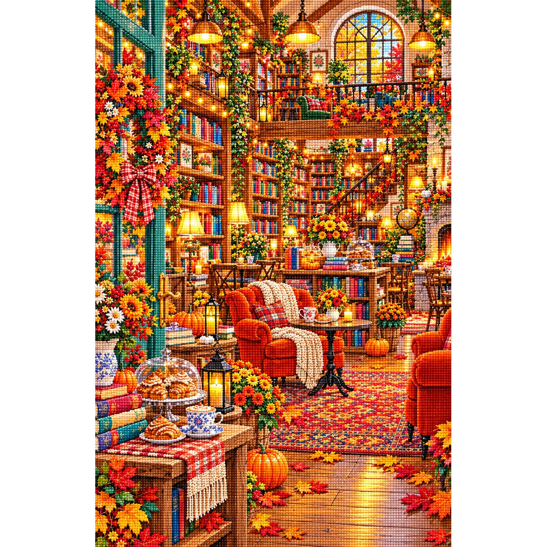 Autumn Fireside Library finished diamond painting on white background