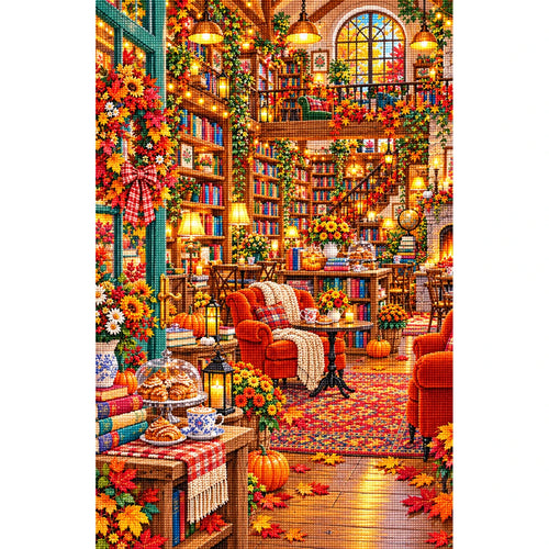 Autumn Fireside Library finished diamond painting on white background