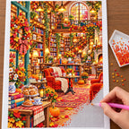 Placing resin drills on the Autumn Fireside Library diamond painting