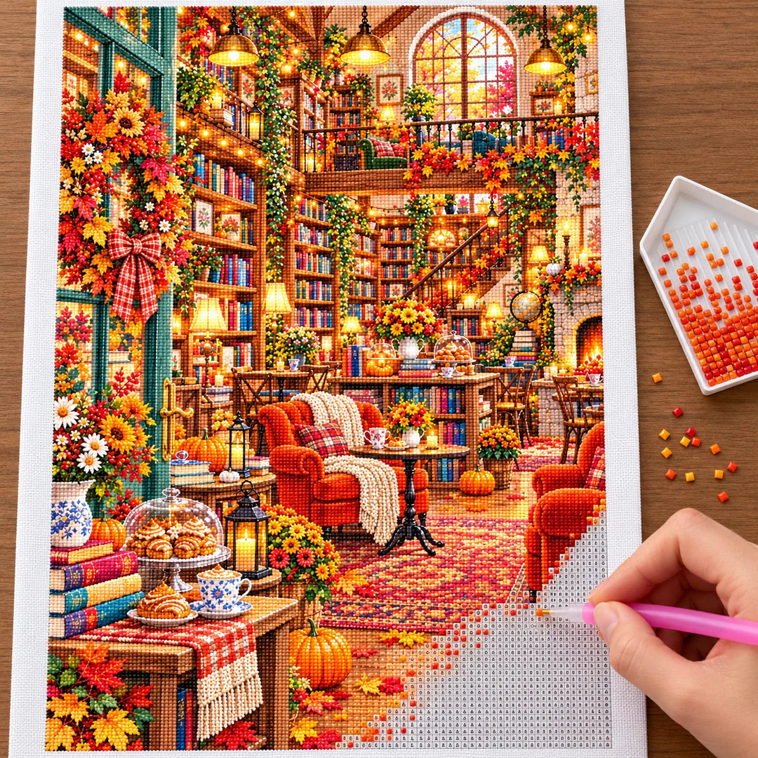 Placing resin drills on the Autumn Fireside Library diamond painting