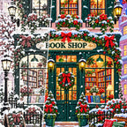 Close detail of the Snowy Christmas Bookshop diamond painting canvas and drills