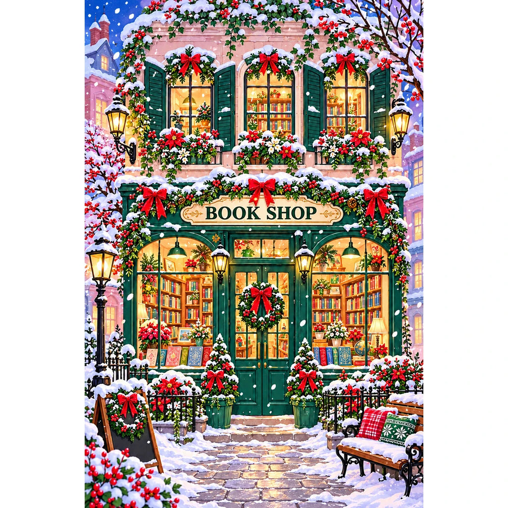 Snowy Christmas Bookshop original artwork on white background