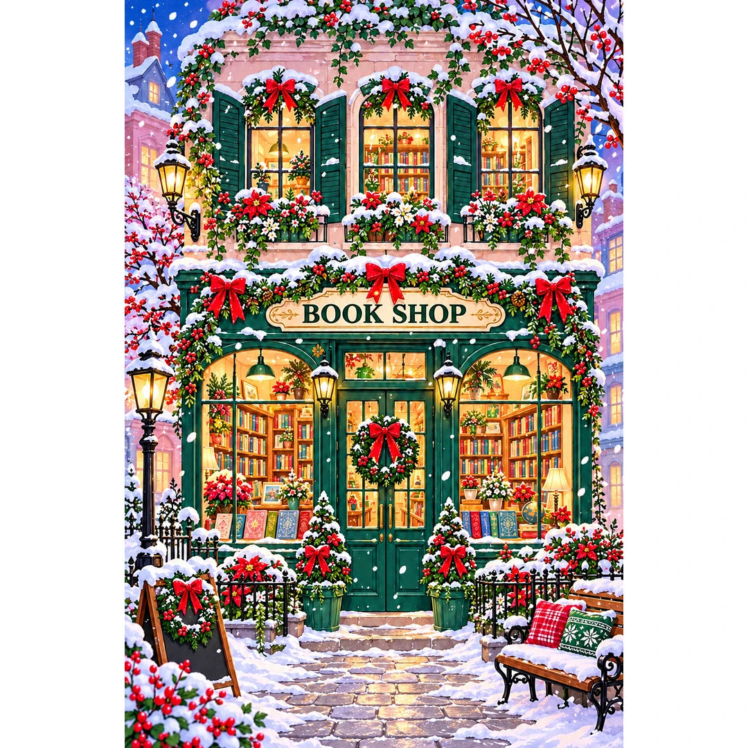 Snowy Christmas Bookshop original artwork on white background