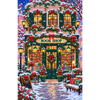 Snowy Christmas Bookshop finished diamond painting on white background