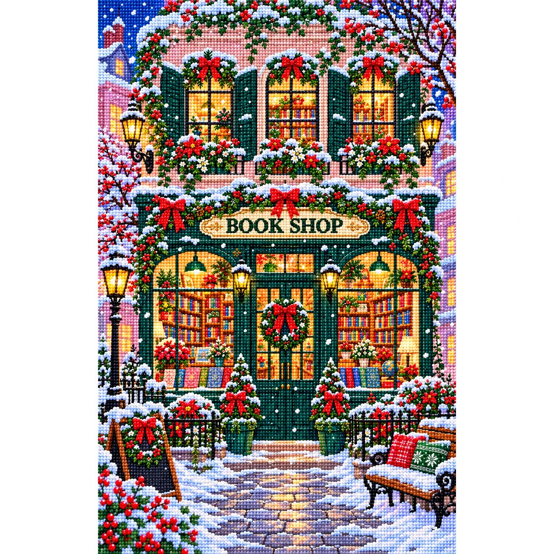 Snowy Christmas Bookshop finished diamond painting on white background
