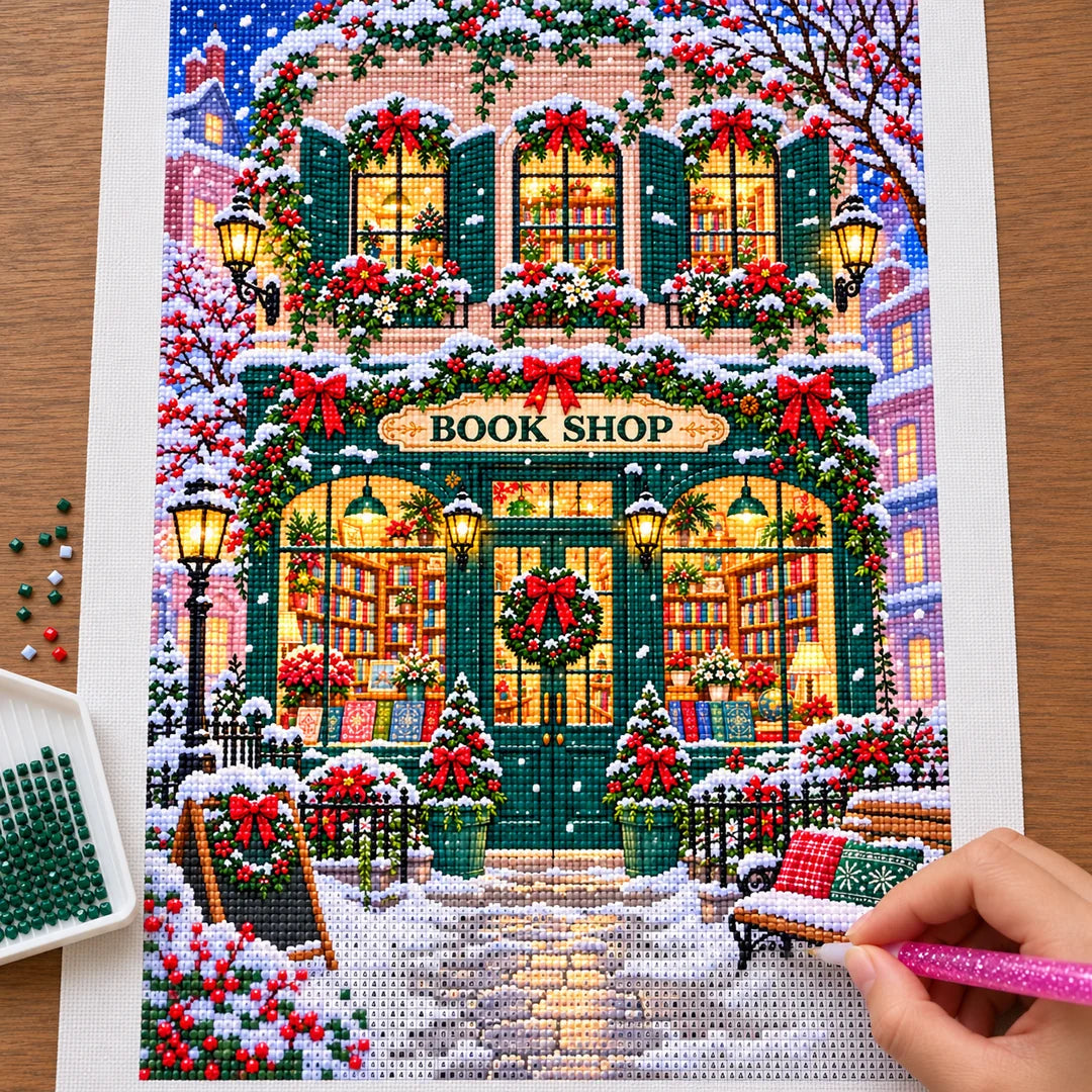 Placing resin drills on the Snowy Christmas Bookshop diamond painting