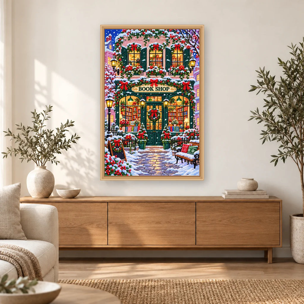 Snowy Christmas Bookshop diamond painting displayed in a bright home interior