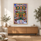 Snowy Christmas Bookshop diamond painting displayed in a bright home interior