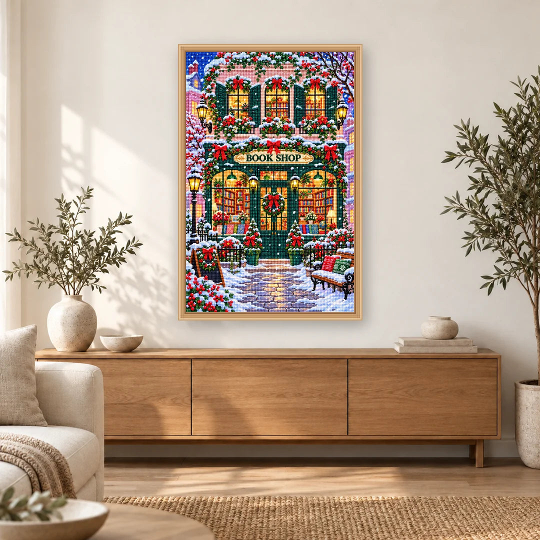 Snowy Christmas Bookshop diamond painting displayed in a bright home interior