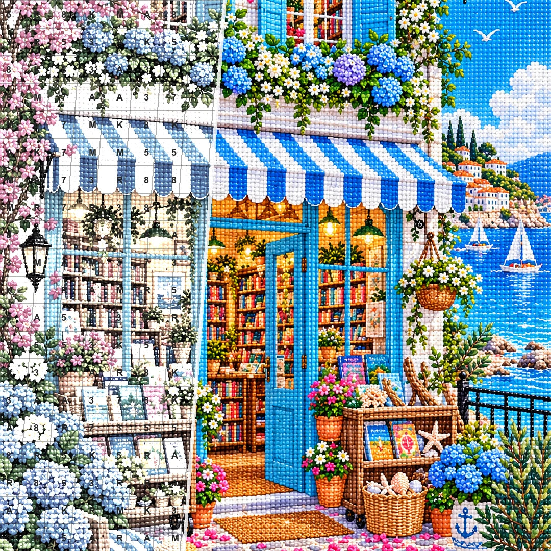 Close detail of the Seaside Hydrangea Bookshop diamond painting canvas and drills