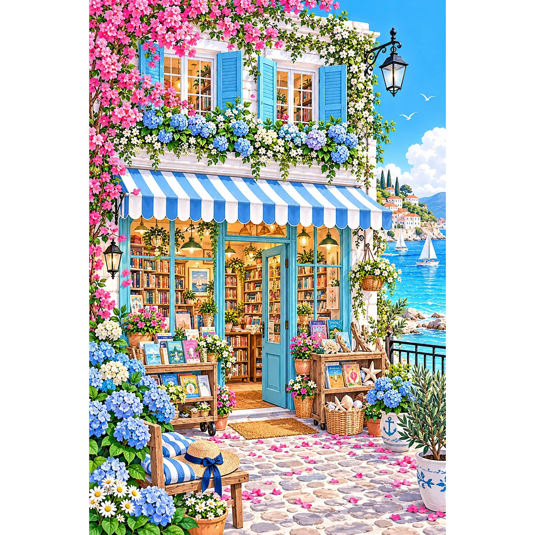 Seaside Hydrangea Bookshop original artwork on white background