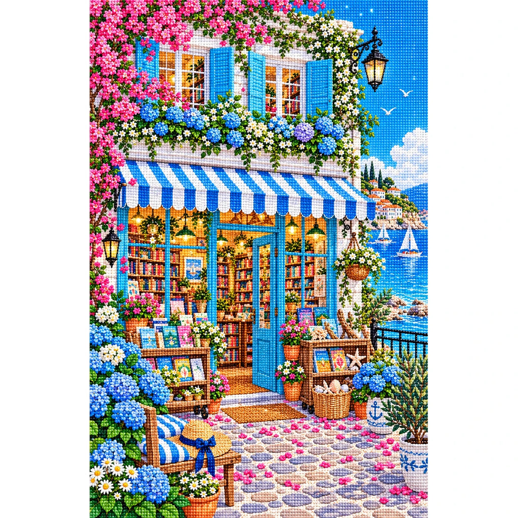 Seaside Hydrangea Bookshop finished diamond painting on white background