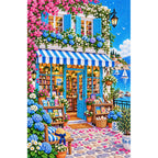 Seaside Hydrangea Bookshop finished diamond painting on white background