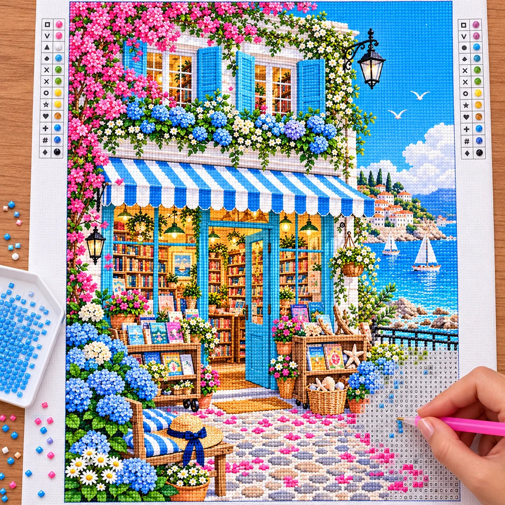 Placing resin drills on the Seaside Hydrangea Bookshop diamond painting