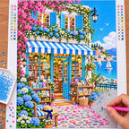 Placing resin drills on the Seaside Hydrangea Bookshop diamond painting