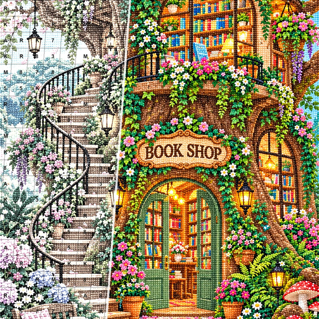 Close detail of the Enchanted Treehouse Bookshop diamond painting canvas and drills