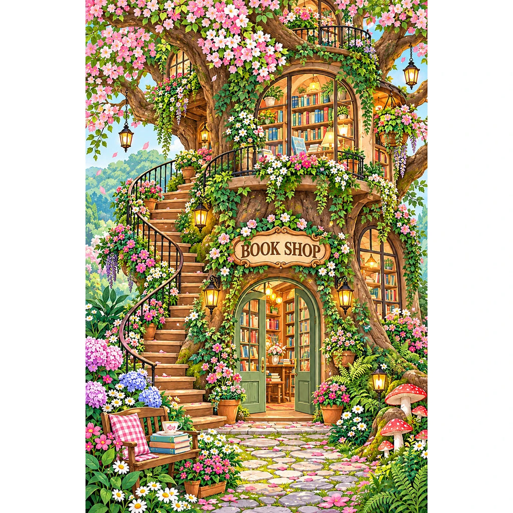 Enchanted Treehouse Bookshop original artwork on white background