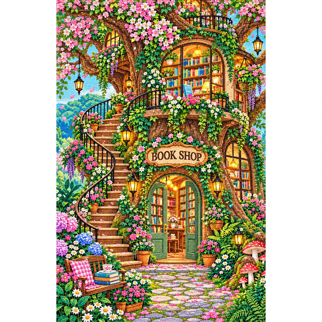 Enchanted Treehouse Bookshop finished diamond painting on white background