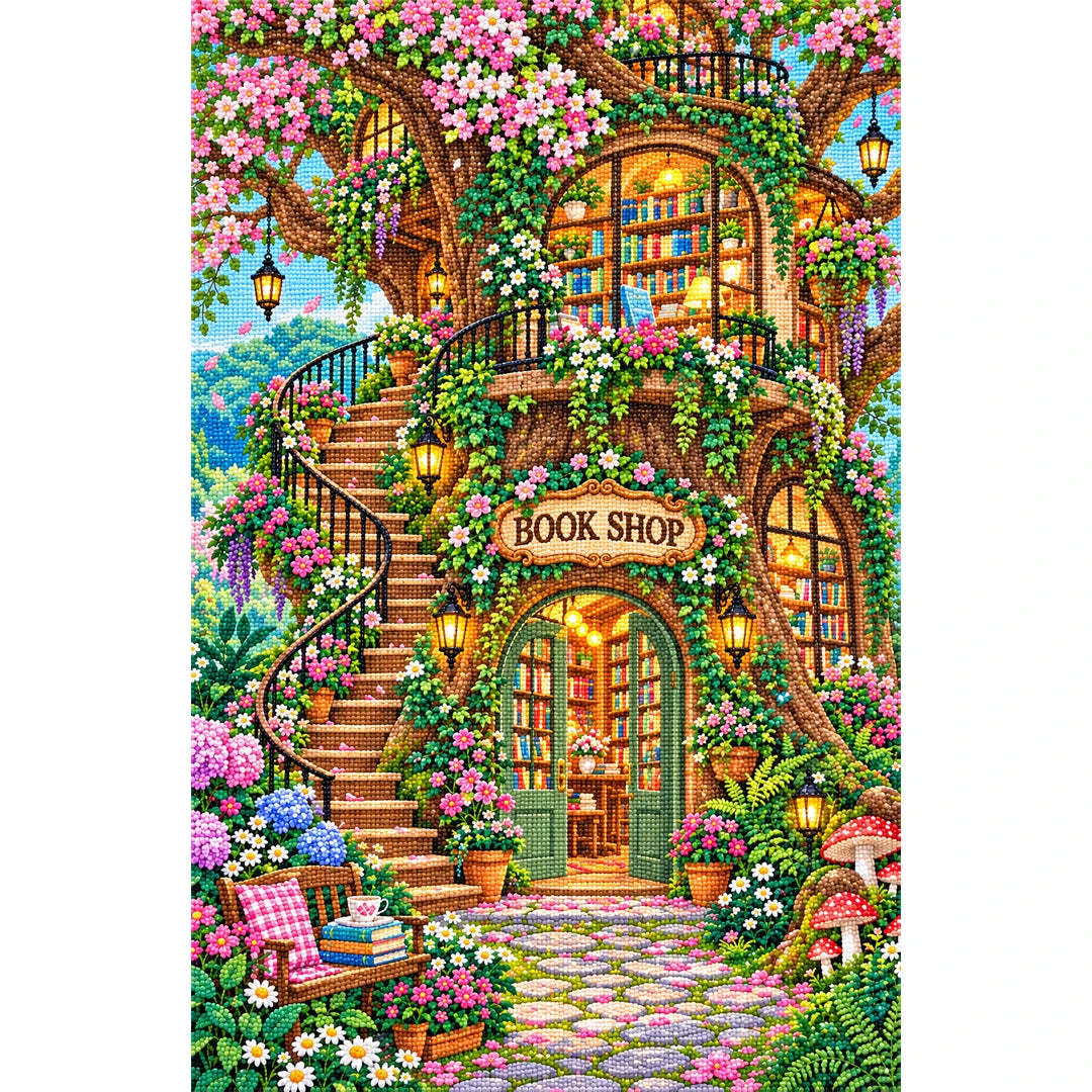 Enchanted Treehouse Bookshop finished diamond painting on white background