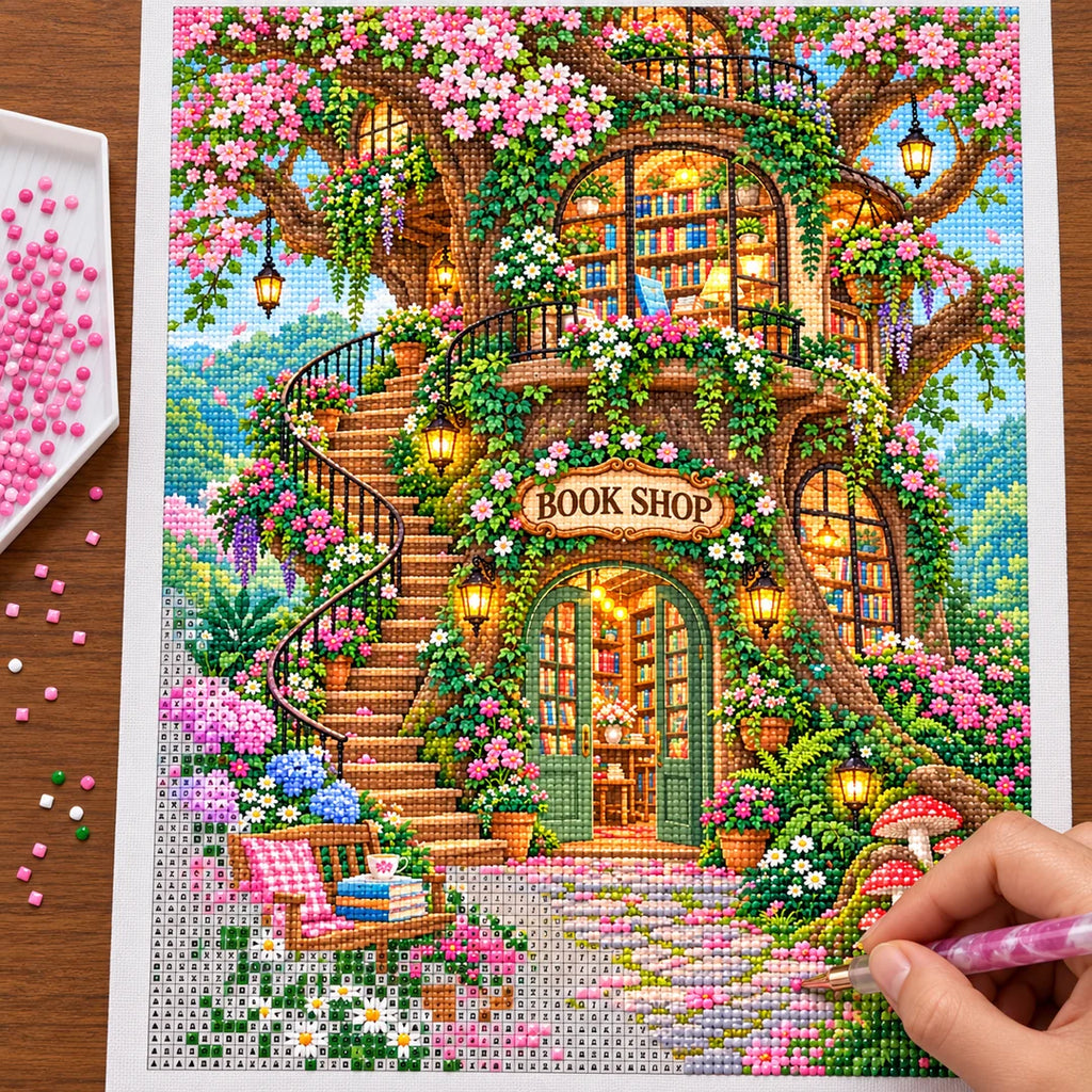 Placing resin drills on the Enchanted Treehouse Bookshop diamond painting