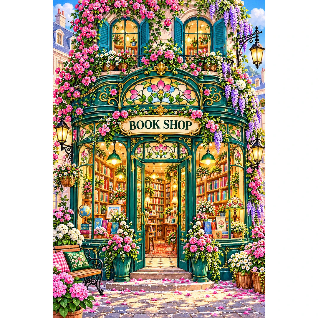 Art Nouveau Flower Bookshop original artwork on white background