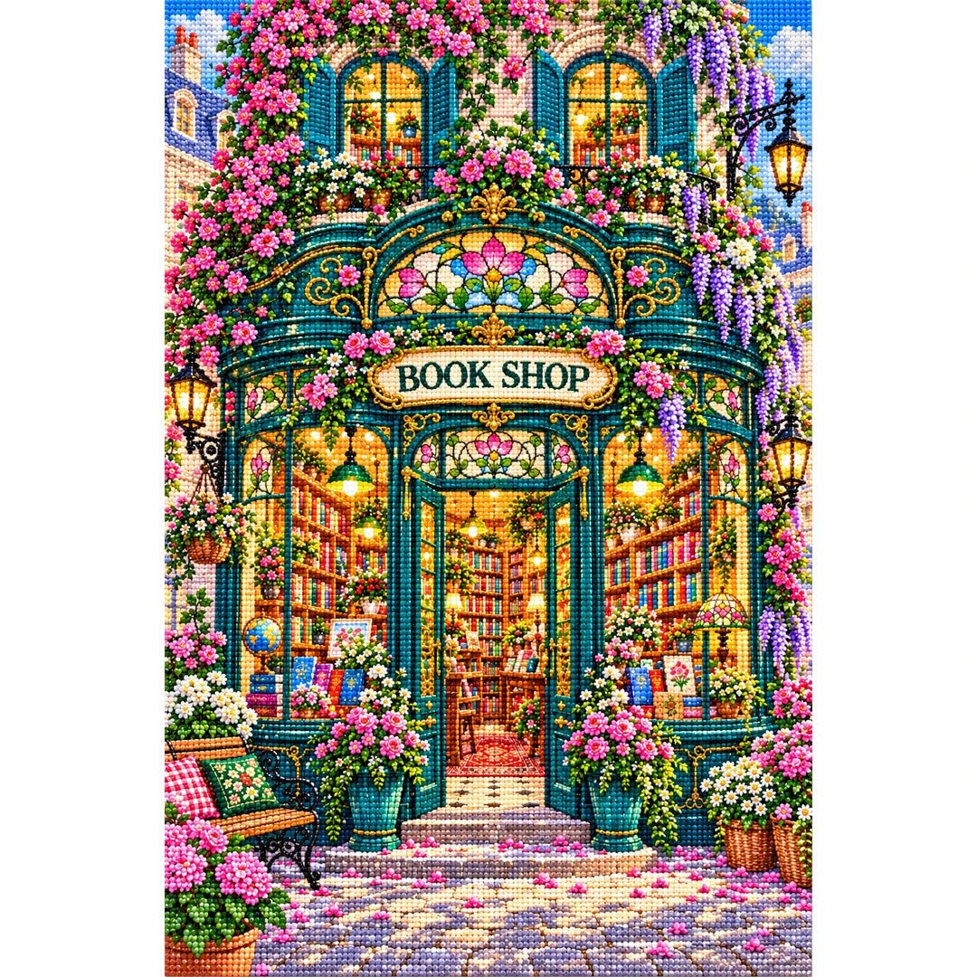 Art Nouveau Flower Bookshop finished diamond painting on white background